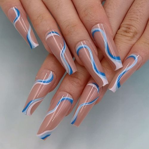 ude pink coffin nails with blue and white waves