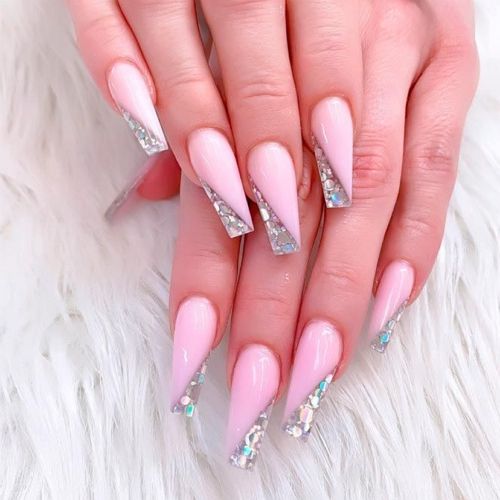 light pink coffin nails with gentle glitter design