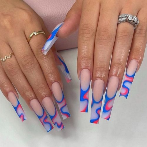 matte coffin nails with french tips and blue and pink waves