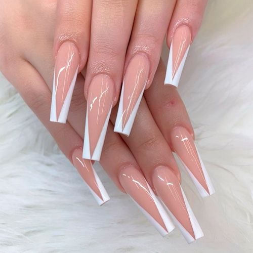 nude pink coffin nails with stylish white edge design of tips