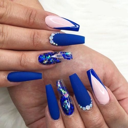 royal blue coffin nail design with aqua design, foil and glitter diamonds