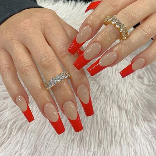 coffin nails with bright red french tips