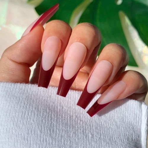 matte coffin nails with long dark red glossy french tips