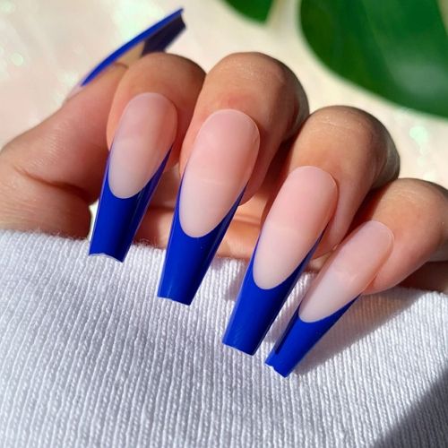 acrylic coffin nails with royal blue french tips