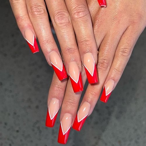 red french tips on long coffin nails