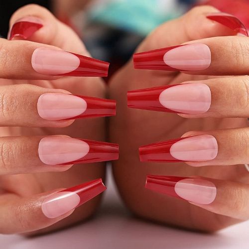 red french tips on stick-on coffin nails