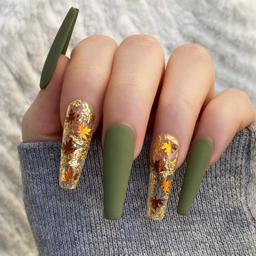olive green coffin nails with trendy golden autumn leaves