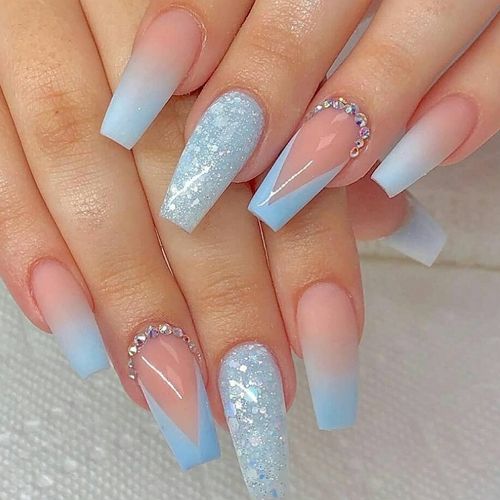 trendy light blue nail design for long coffin nails