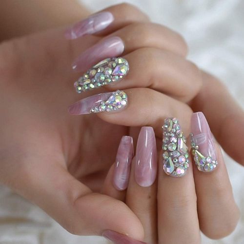 pink medium length coffin shape nails with large swarowski crystals