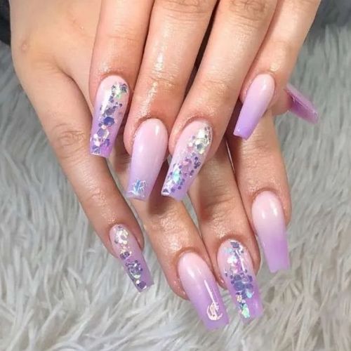 beige and lavender ombre nails with foil design under glossy finish