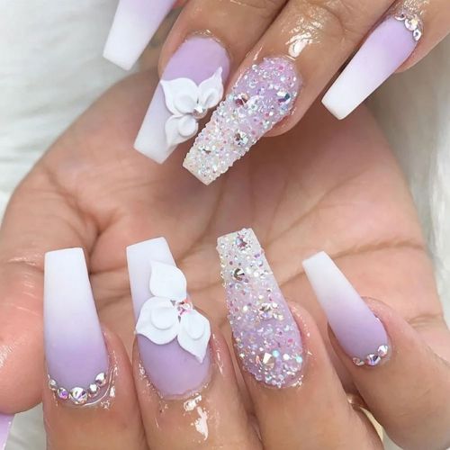 lavender ombre nails with glitter and diamonds (matte finish)