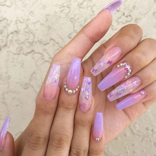 lavender ombre nails with rhinestones, foil and butterflies