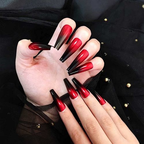 black and red ombre coffin nails with glossy finish