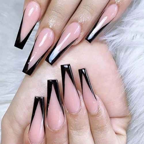 long gel nails with black tips