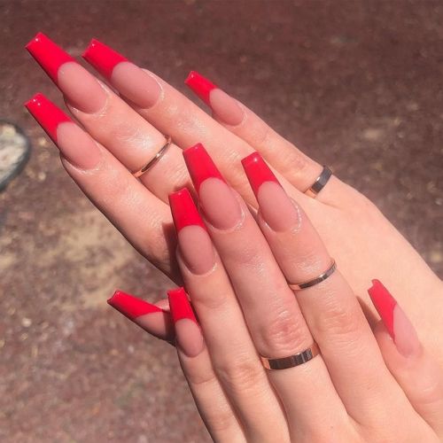 long french red tip nails
