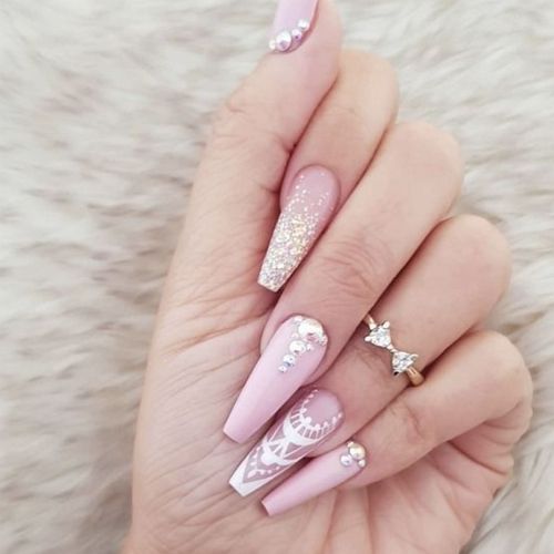 translucent pink clear pink nails with matte finish and white drawing art elements