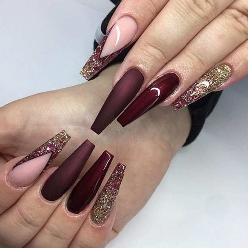 long cherry coffin nails with glitter