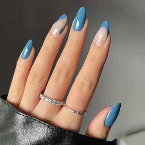 light blue nails (round shape) with transparent elements
