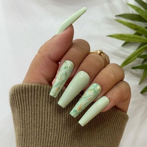 sage green long coffin nails with tiny gold elements