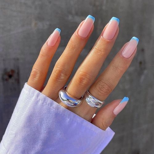 short light blue acrylic nails with french tips