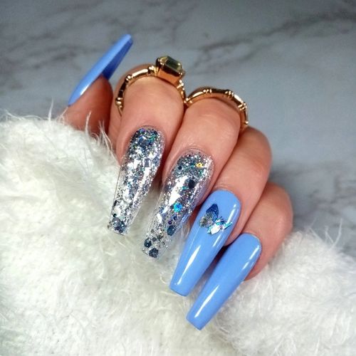 blue baddie coffin nails with butterflies and foil elements