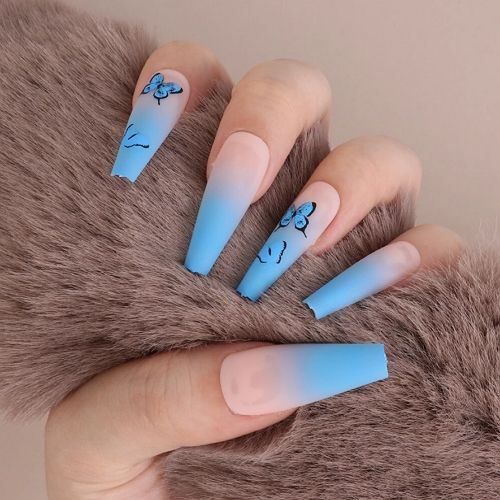 light blue ombre coffin nails with butterflies and matte finish