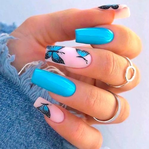 light blue square nails with butterflies