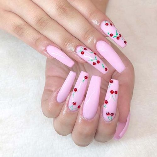 pink coffin nails with cherries