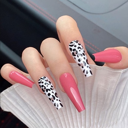 extra long press-on pink leopard print coffin nails with glossy finish