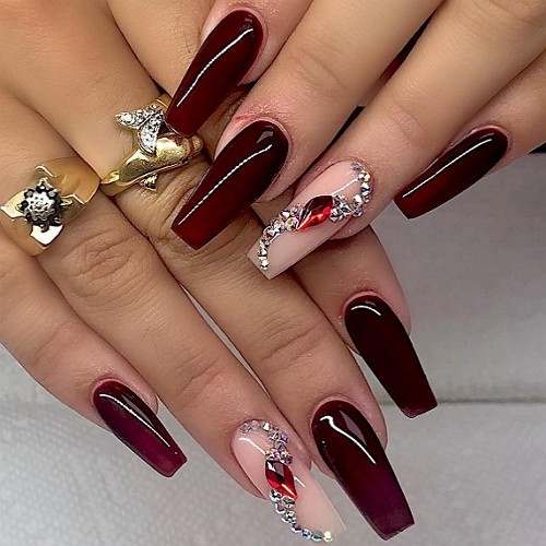 glossy uv-gel coffin burgundy nails with rhinestones and matte pink accents