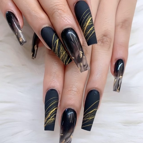 long acrylic matte black coffin nails with gold design elements