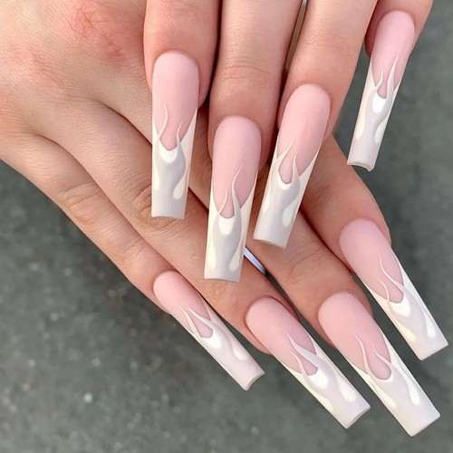 long coffin shaped nails with white french tips and light gray flame