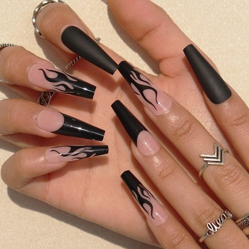 long press-on black flame coffin nails