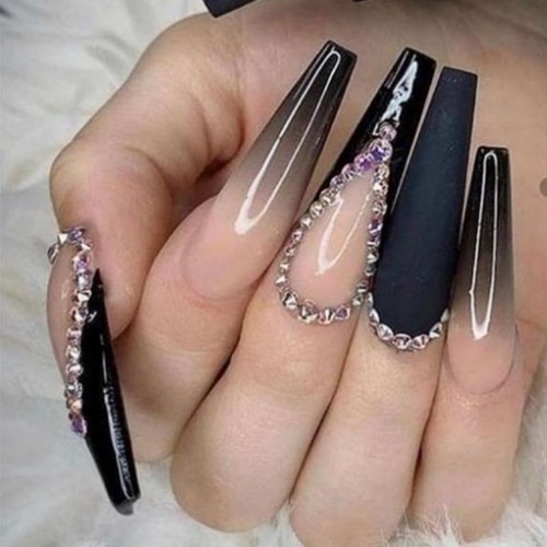 long uv gel coffin nails with matte black accents, black french tips, ombre and rhinestones