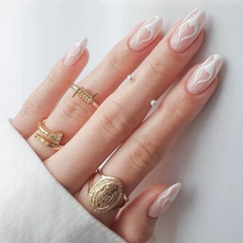 medium length almond nails with white flame design