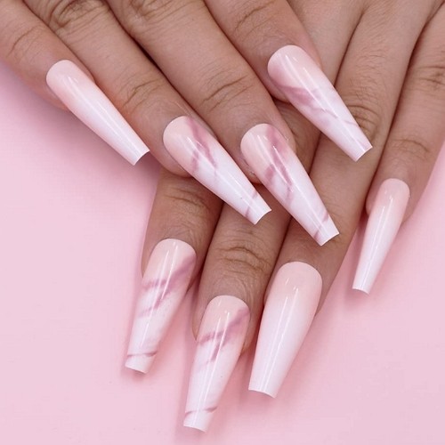 pale pink and white ombre marble coffin nails