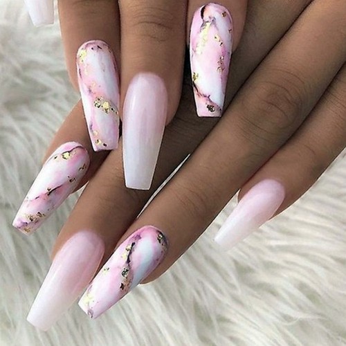 press-on pink and white ombre marble coffin nails with gold glitter accents