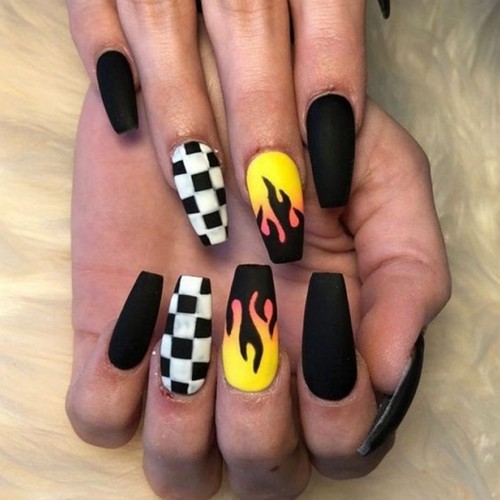 racing-inspired flame coffin nails with matte finish