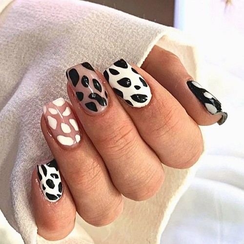 short cow nails on light pink background