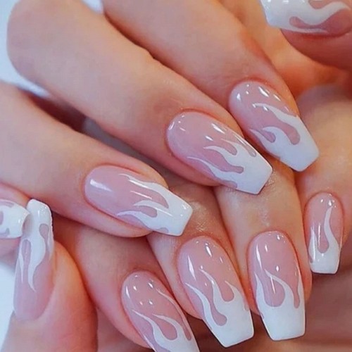 short square nails with white flame design on nude pink background
