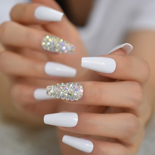 white medium acrylic nails with swarowski rhinestones