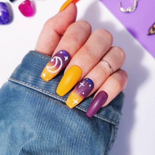 yellow and purple ombre medium-length coffin moon nails