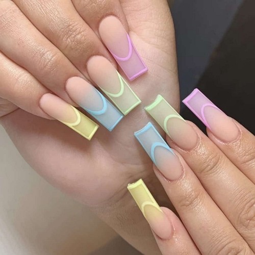 acrylic long square pastel multicolor nails with unusual graphic french tip design