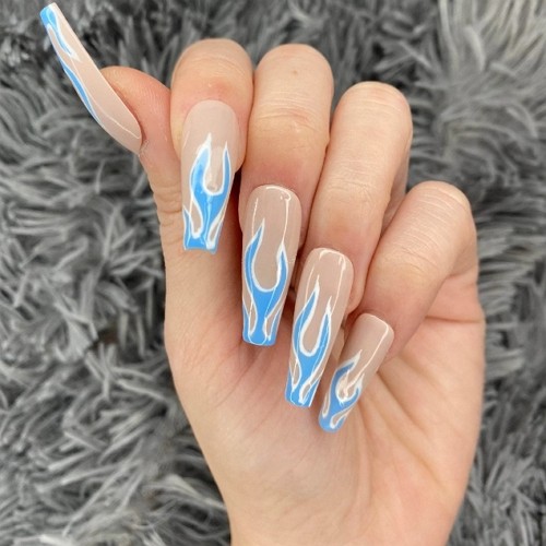 beige press-on coffin nails with blue flame design