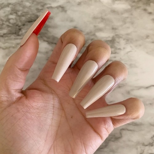 long beige coffin nails red bottom nails