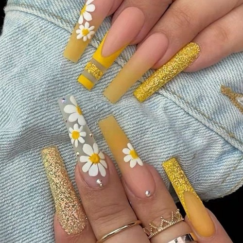 long gold, white and yellow coffin flower nails with glitter and rhinestones