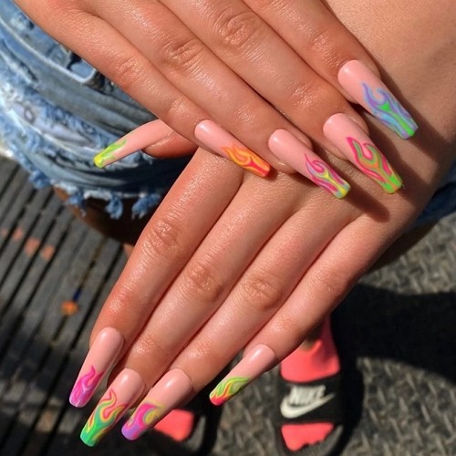 long press-on coffin nails with multi-colored flame design