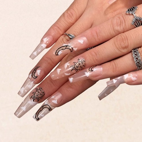 long sky-inspired nude coffin moon nails on transparent background with glitter design