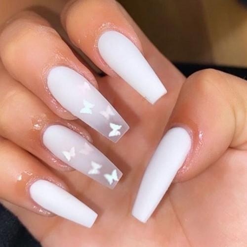 long white coffin nails with butterflies and transparent areas