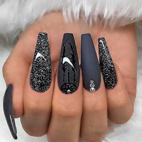 matte black coffin nails with design (glitter, rhinestones)